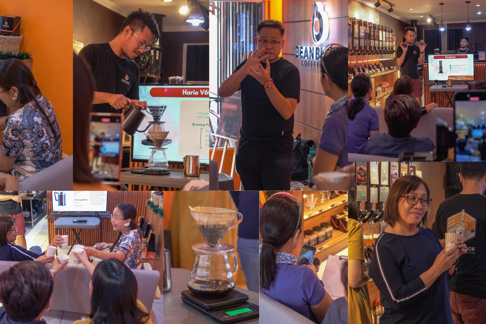 A collage of indoor scenes showing people in Bean Block Coffee Roasters coffee shop or workshop, with several panels focused on pour-over coffee makers and a presenter speaking to an audience. The product being highlighted appears to be coffee brewing equipment rather than a single isolated retail item.