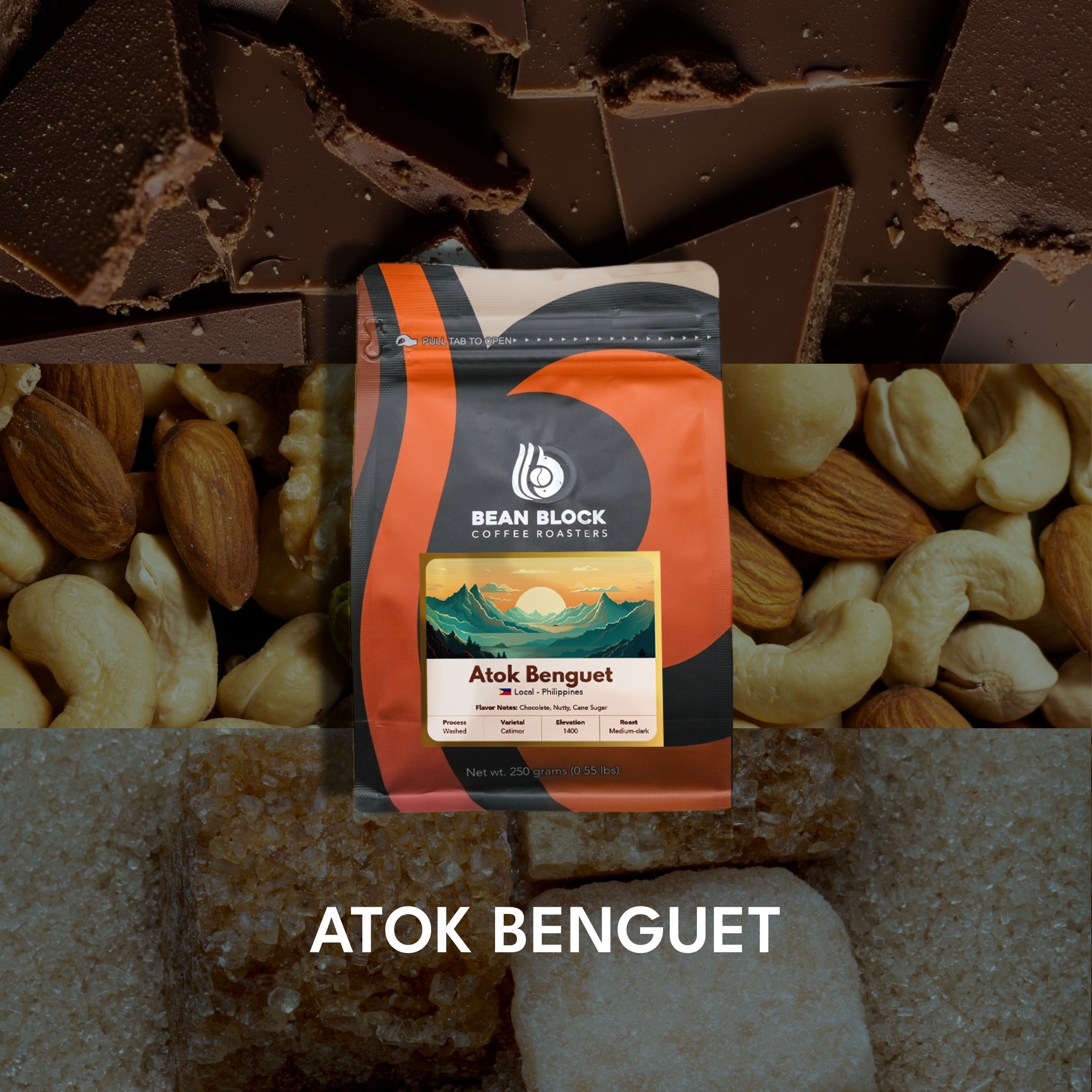 A bag of Bean Block Coffee Roasters Atok Benguet shown centered over a chocolate-and-nuts themed background, with the text &