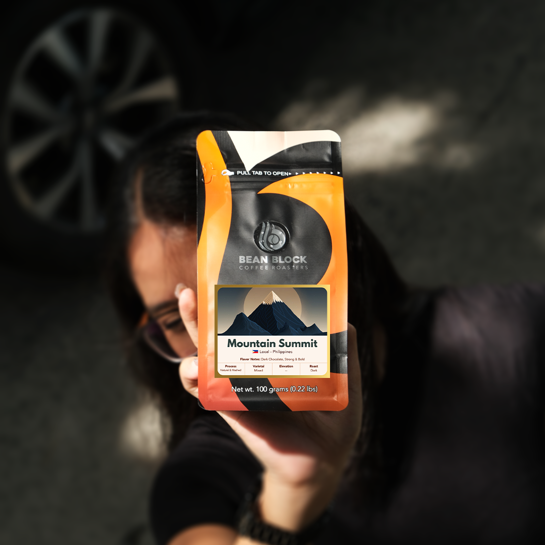 Person holding a Bean Block Mountain Summit 100g coffee package with a blurred background