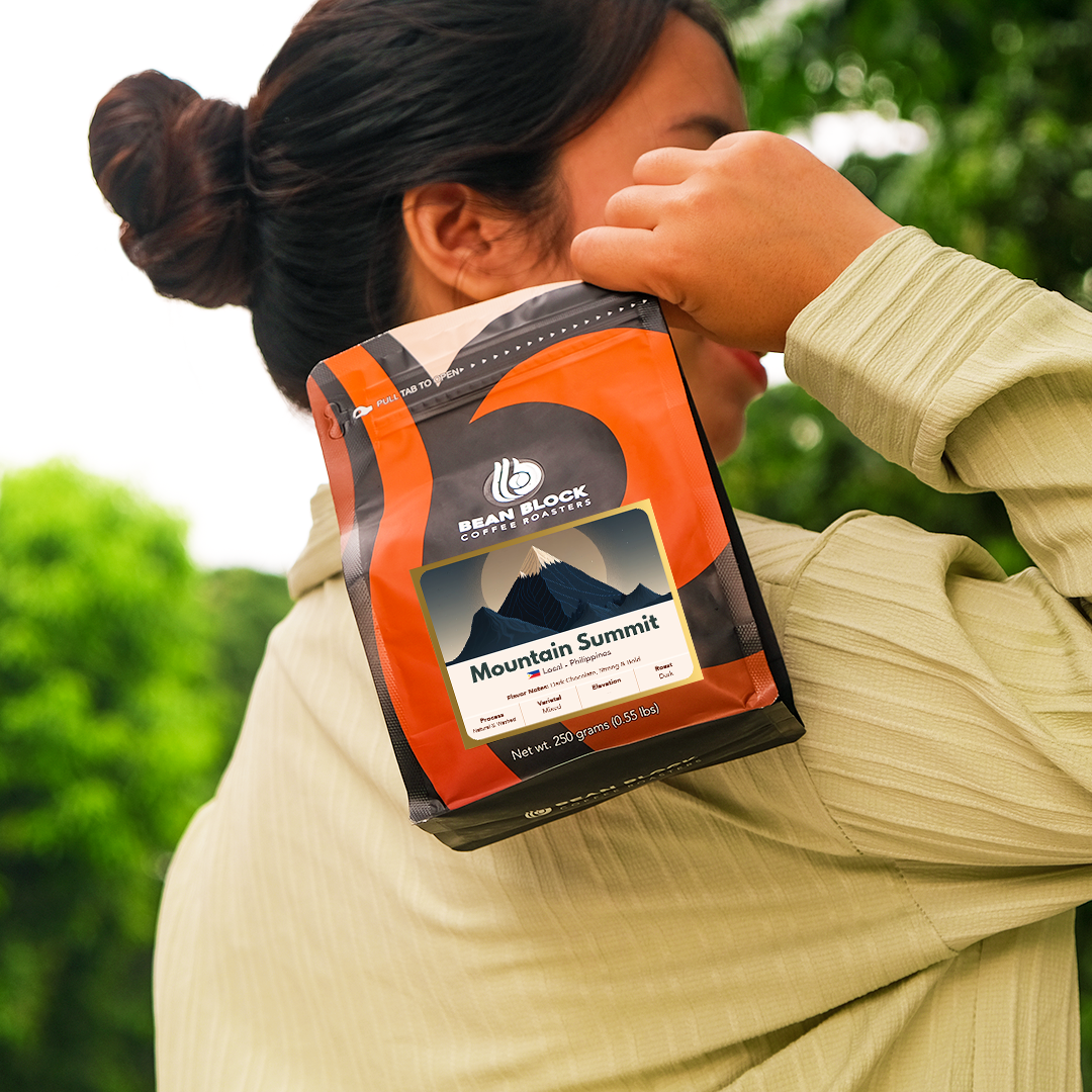 Person holding a Bean Block Mountain Summit 250g coffee package with a brand logo against a blurred green background