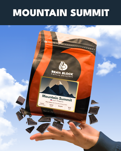 Bean Block Coffee Roasters Mountain Summit 250g coffee package with a hand holding it against a blue sky background.