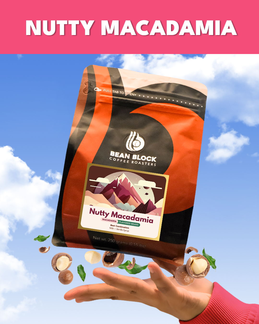 Bean Block Coffee Roasters Nutty Macadamia 250g flavored coffee package against a blue sky background with floating macadamia nuts.