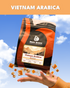 Bean Block Coffee Roasters Vietnam Arabica Medium roast in 250g coffee bag with a hand holding it against a blue sky background