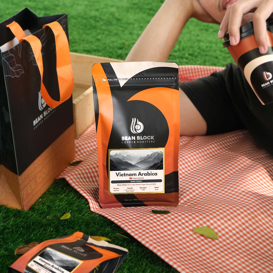 Bean Block coffee roasters vietnam arabica dark roast 500g coffee package on a picnic blanket with a person holding a coffee cup.