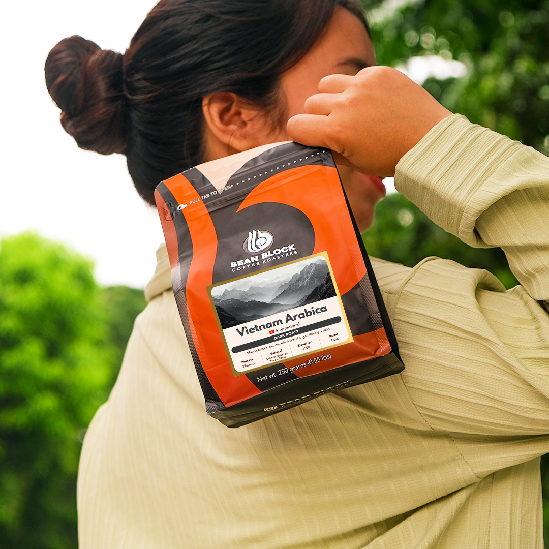 Person holding a Bean Block Coffee Roasters Vietnam Arabica Dark Roast 250g coffee bag with a blurred green outdoor background