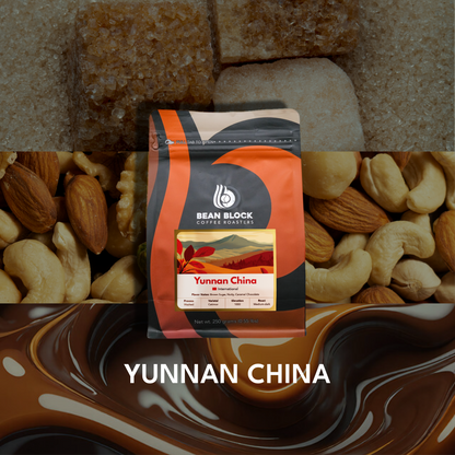 A bag of Bean Block Coffee Roasters Yunnan China whole bean coffee is centered over a split background of nuts and chocolate swirls, with &